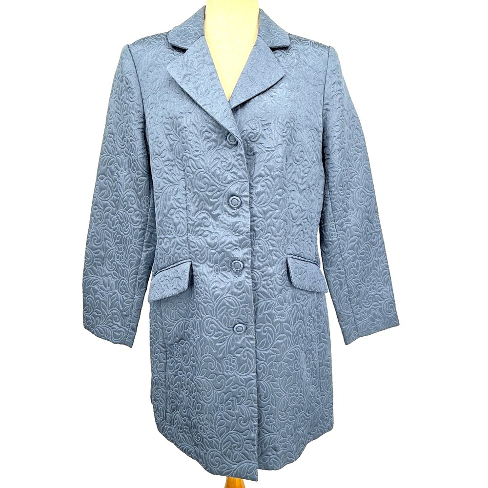 Rena Rowan Blazer Womens 12 Blue Jacquard Longline Tailored Career Floral Dressy